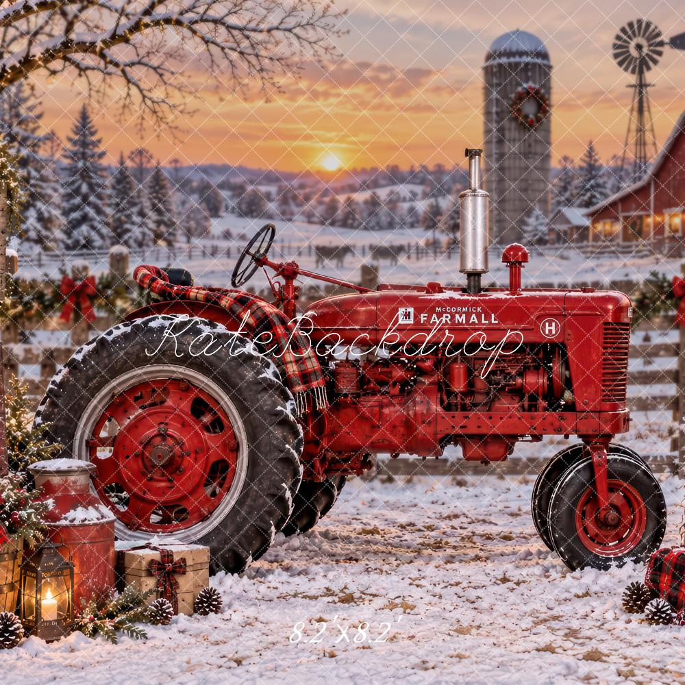 Kate Christmas Red Tractor Snowy Farm Rustic Printed Backdrop Designed by Laura Bybee