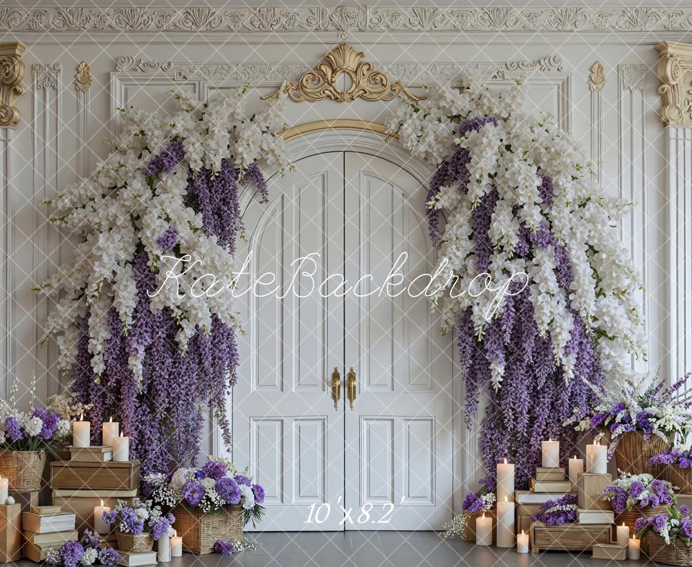 Kate Flower Arch Ornate White Door Purple Wisteria Backdrop Designed by Mini MakeBelieve