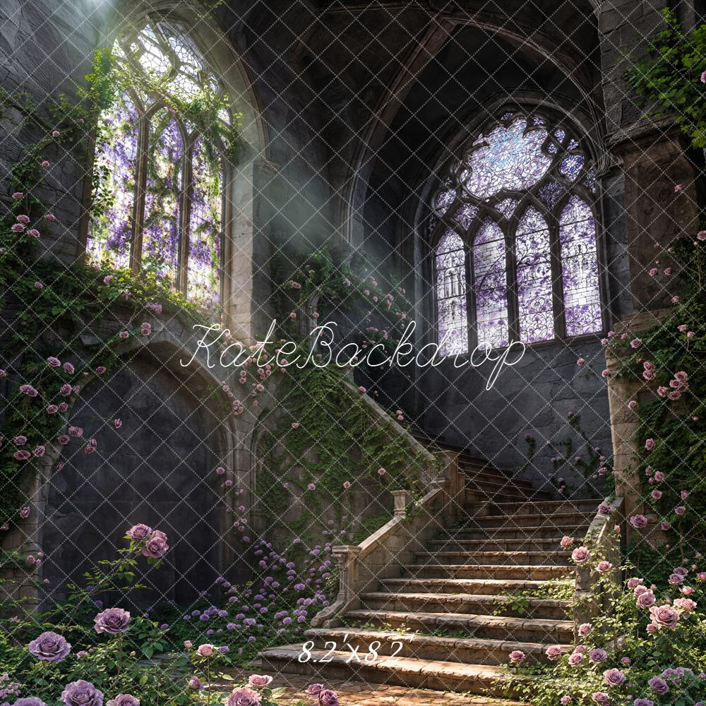 Kate Spring Cascading Stairs Stained Glass Rose Garden Printed Backdrop Designed by Chain Photography
