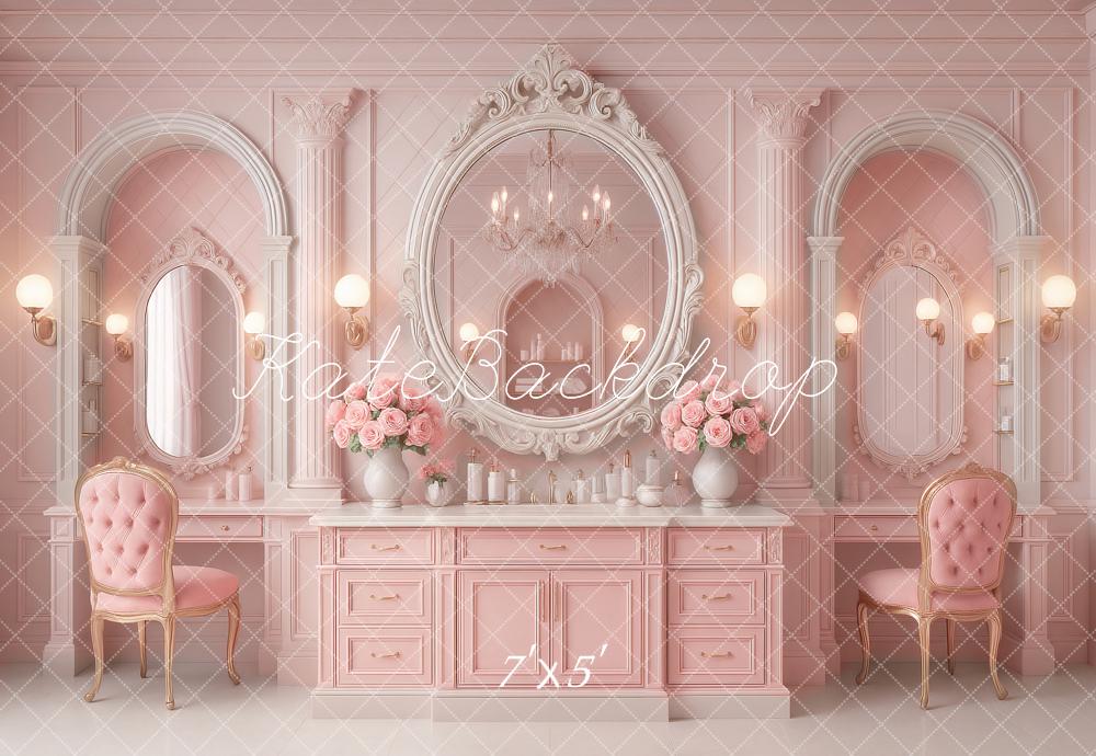 pink and grey dressing room Kate Chic Mirror Pink Vanity Dressing Table Printed Backdrop Designed