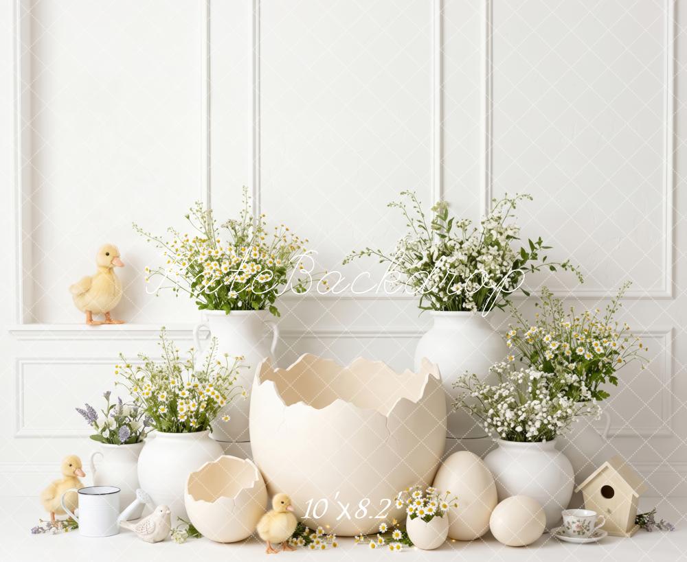 Kate Easter Cracked Egg Ducklings Daisy Flowers White Printed Backdrop Designed by Patty Roberts
