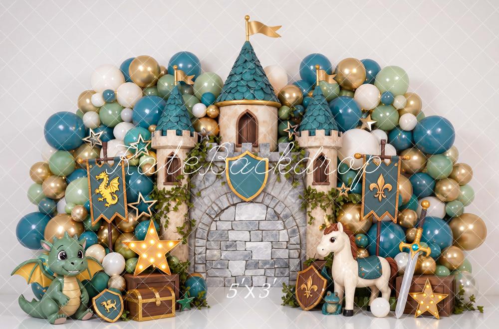 Kate Fairy Fantasy Castle Balloon Arch Dragon Unicorn Printed Backdrop Designed by Mini MakeBelieve