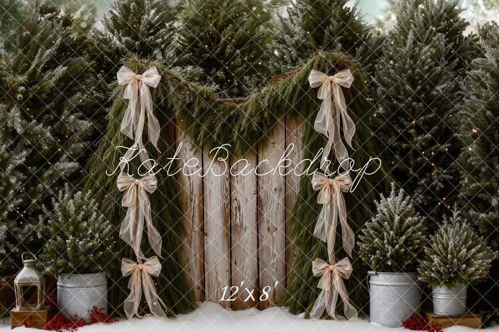 Kate Christmas Pine Trees Garland Rustic Wood Bows Printed Backdrop Designed by Emetselch