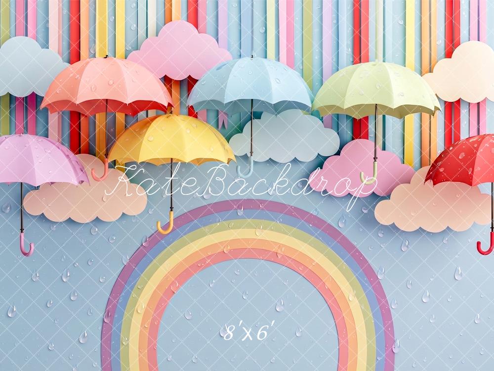 Kate Rainbow Umbrellas Clouds Raindrops Light Blue Printed Backdrop Designed by Angela Miller