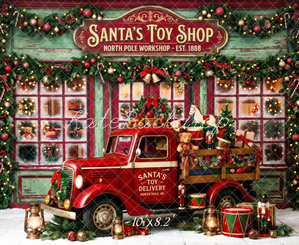 Kate Christmas Truck Santa's Toy Shop Garland Gifts Printed Backdrop Designed by Patty Roberts