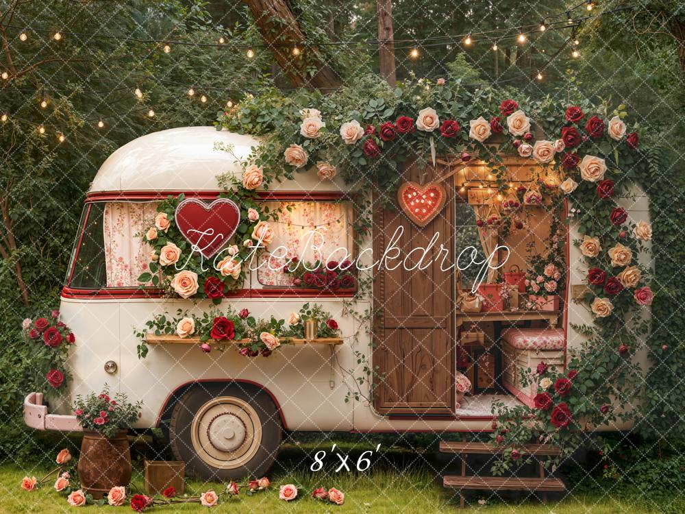 Kate Valentine's Day Vintage Camper Floral Heart Garland String Lights Backdrop Designed by Emetselch