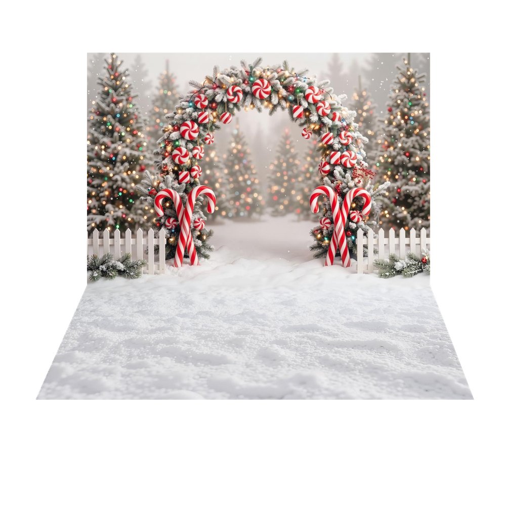 TEST Kate Christmas Flower Arch Candy Cane Peppermint Snowy Trees Printed Backdrop+White Snow Ground Texture Printed Backdrop