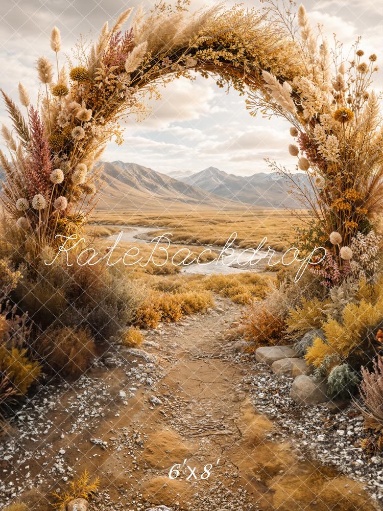 Kate Boho Outdoor Flower Arch Rustic Pathway Mountains Printed Backdrop Designed by Emetselch