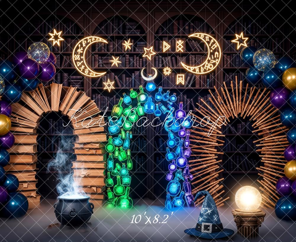 Kate Halloween Magic Library Book Arch Potion Balloon Cauldron Backdrop Designed by Patty Roberts