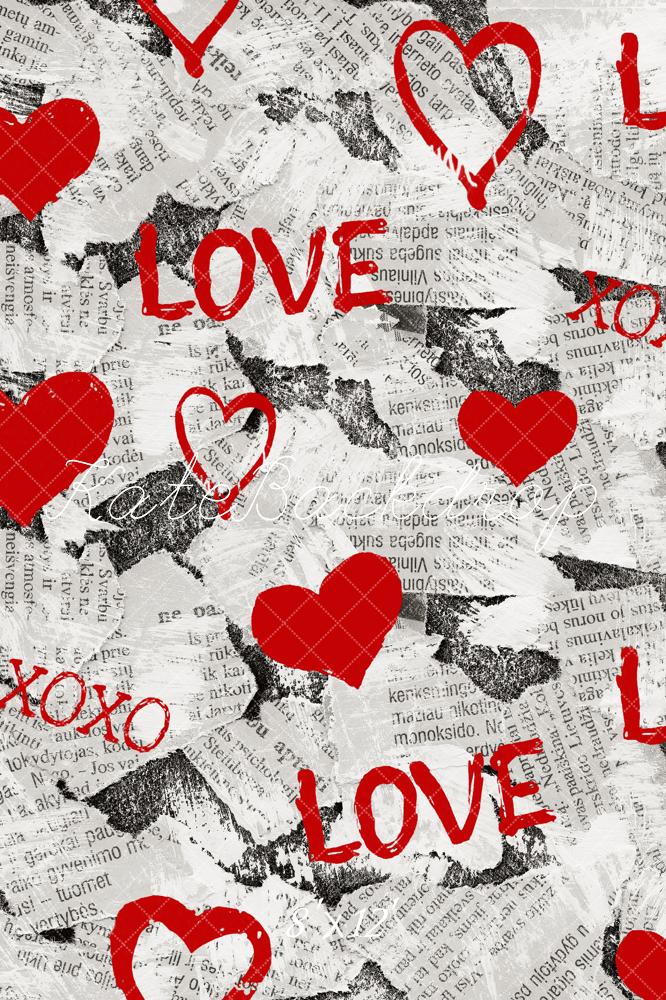 Kate Valentine's Day Red Hearts Graffiti Newspaper Collage Printed Backdrop Designed by Emetselch