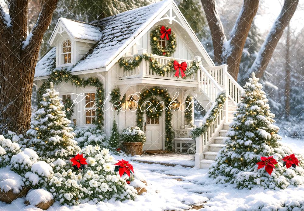 Christmas Snowy Cottage Garland Red Bows Backdrop Designed by Mini MakeBelieve