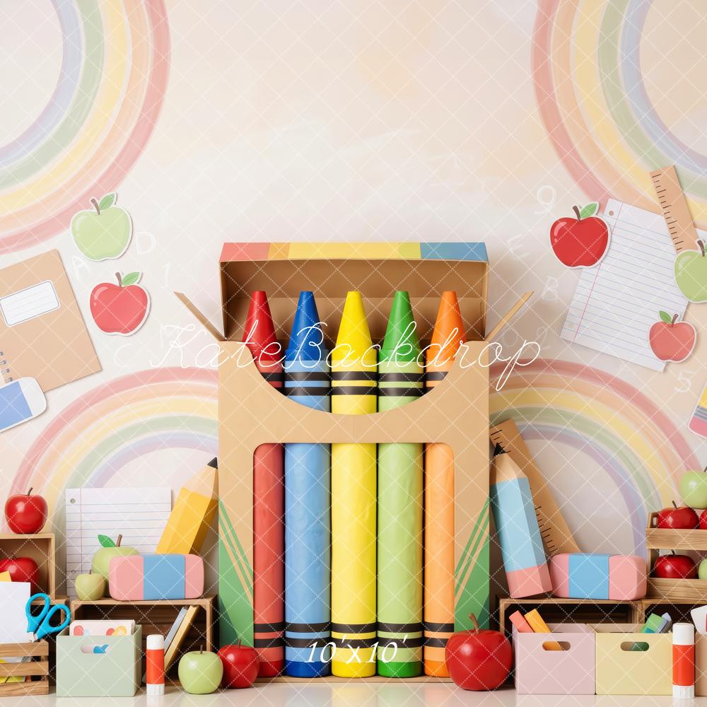 Kate Back To School Crayons Rainbow Apples Printed Backdrop Designed by Patty Roberts