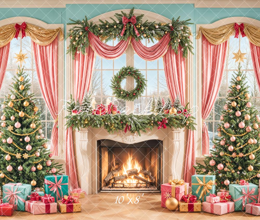 Christmas Tree Fireplace Window Pink Curtains Foto Achtergrond Designed by Emetselch