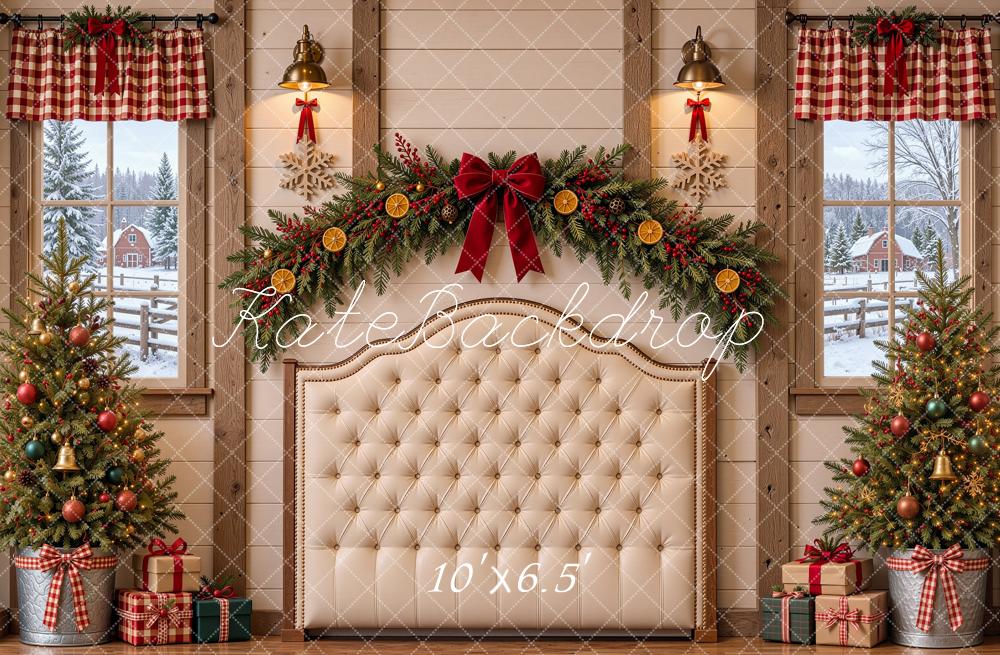Kate Christmas Headboard Rustic Cabin Garland Trees Printed Backdrop Designed by Shutter Swan Studios