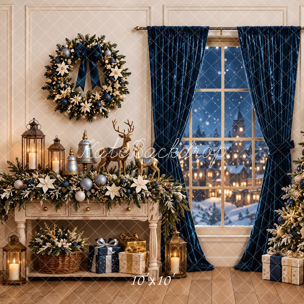 Kate Christmas Navy Curtains Gold Tree Cabinet Wreath Printed Backdrop Designed by Emetselch
