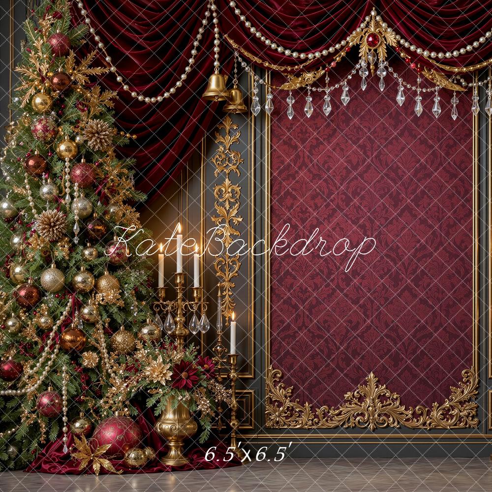 Kate Christmas Trees Ruby Burgundy Gold Drapes Vintage Wall Printed Backdrop Designed by Shutter Swan Studios