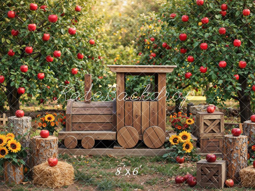 Kate Fall Wooden Train Apple Orchard Sunflowers Printed Backdrop Designed by Mini MakeBelieve