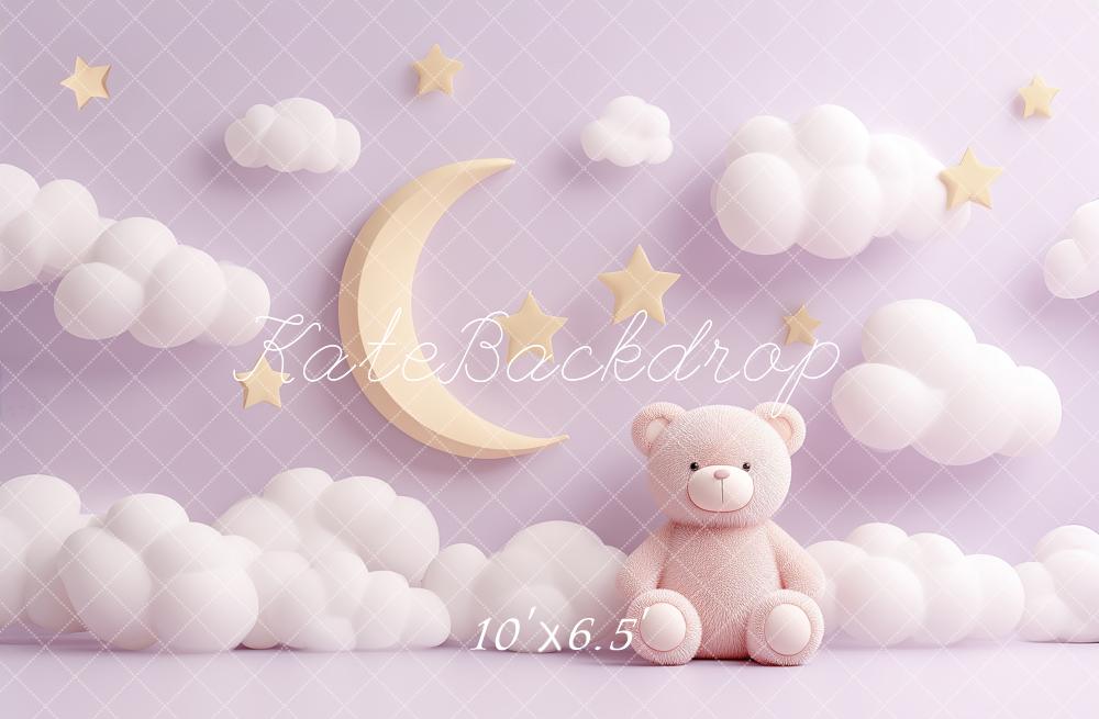 Kate Cake Smash Moon Clouds Stars Pink Teddy Bear Printed Backdrop Designed by Angela Miller