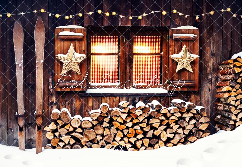 Kate Winter Wood Cabin Firewood Skis Stars Window Printed Backdrop Designed by Fantasyphotoart