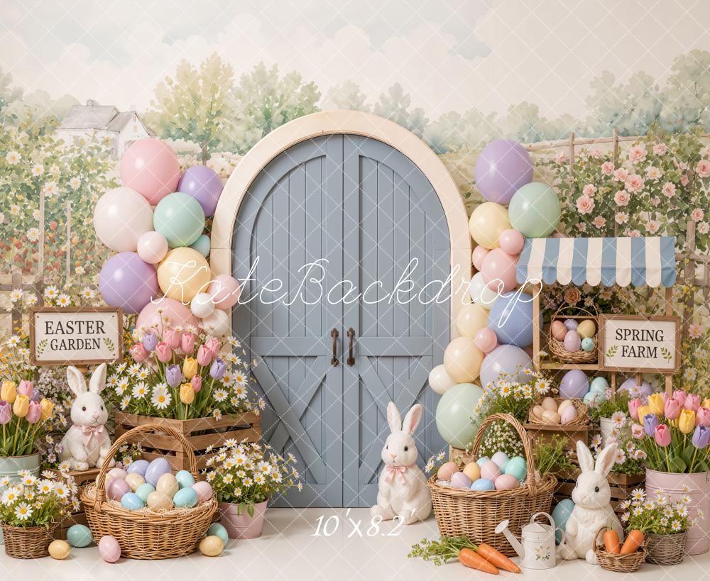 Kate Easter Cake Smash Balloons Bunny Garden Barn Door Printed Backdrop Designed by Emetselch