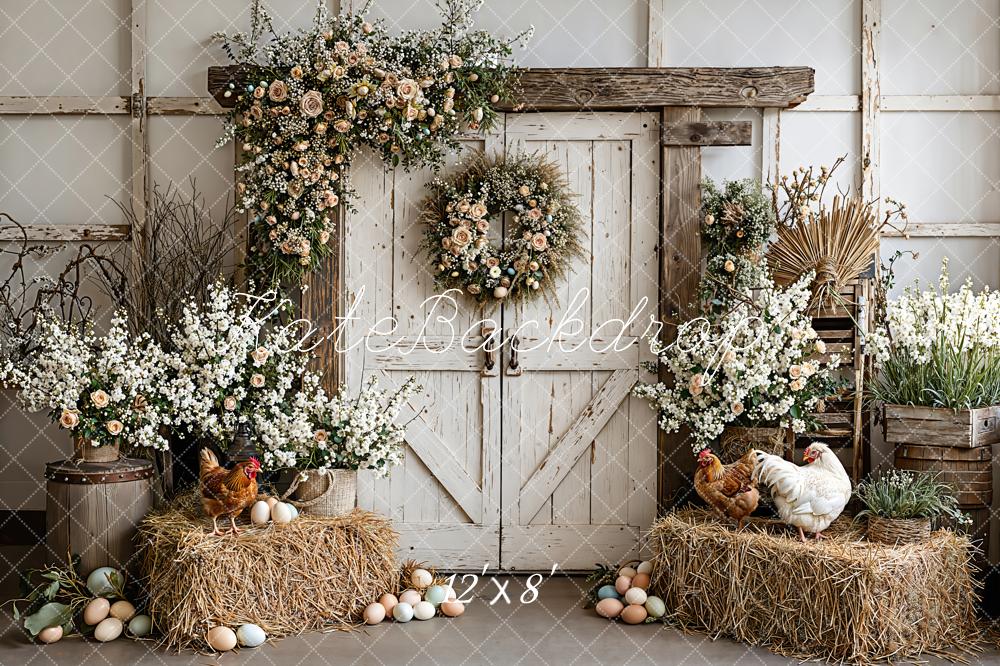 Kate Easter Rustic Barn Flowers Hay Eggs Printed Backdrop Designed by Emetselch
