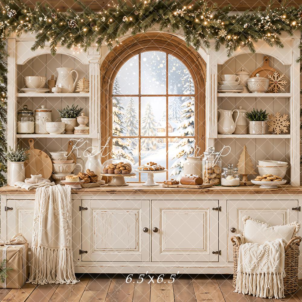 Kate Christmas Kitchen Cabinet White Window Garland Blanket Printed Backdrop Designed by Emetselch