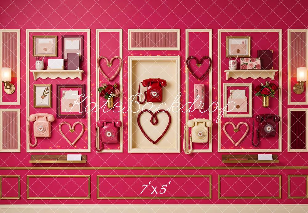 Kate Valentine's Day Pink Vintage Telephone Hearts Wall Printed Backdrop Designed by Patty Roberts