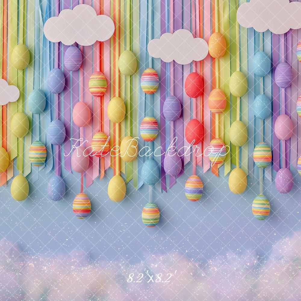 Kate Easter Kids Hanging Eggs Rainbow Clouds Printed Backdrop Designed by Angela Miller