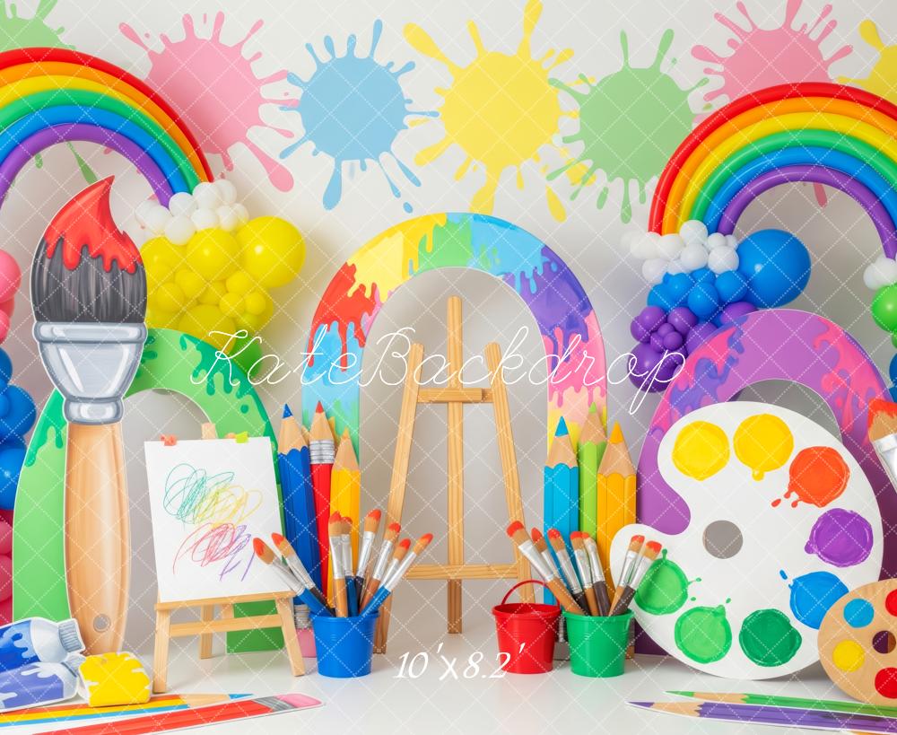 Kate Birthday Rainbow Paint Splatter Art Palette Paintbrush Printed Backdrop Designed by Patty Roberts