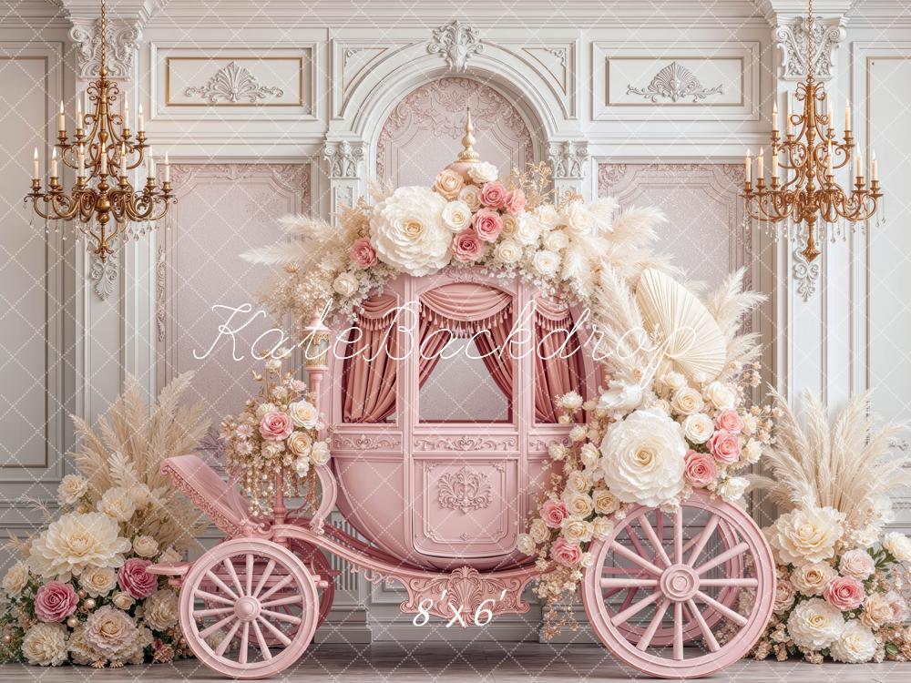Kate Fairytale Pink Carriage Flower Arch Chandelier Palace Printed Backdrop Designed by Mini MakeBelieve