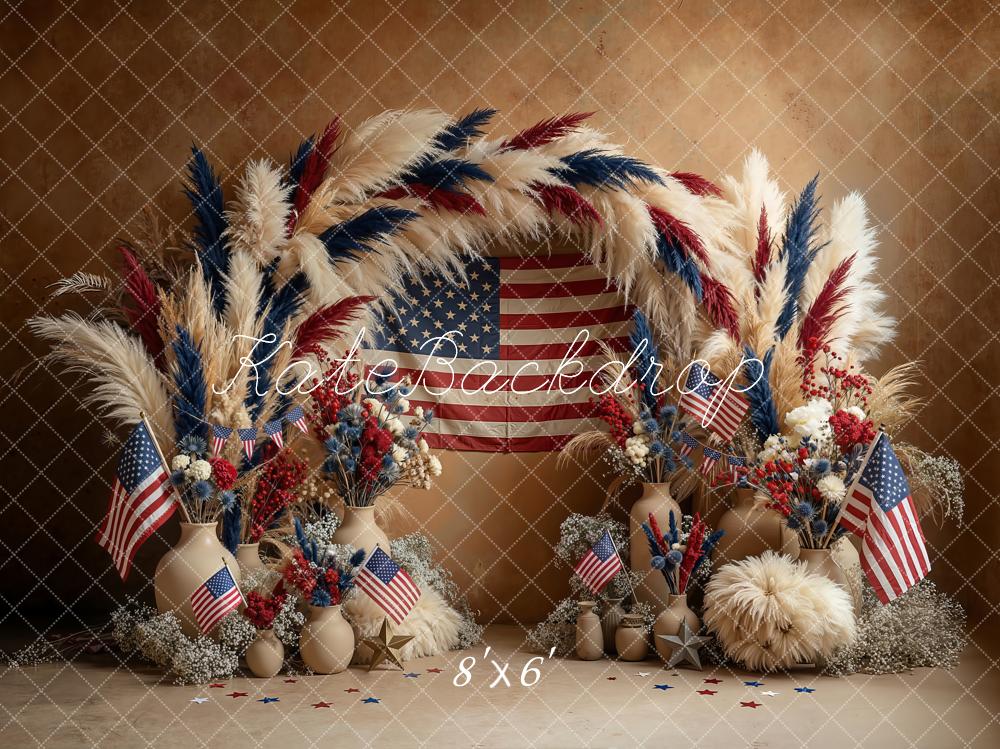 Kate Patriotic Boho Pampas Flower Arch American Flag Printed Backdrop Designed by Emetselch