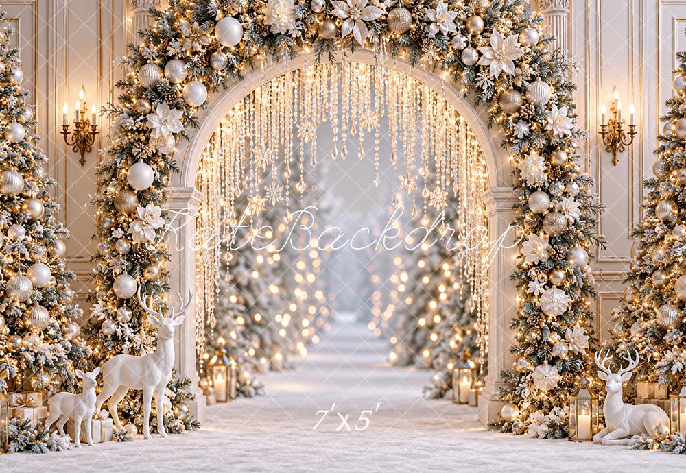 Kate Christmas White Gold Floral Archway Deer Snow Printed Backdrop Designed by Angela Miller