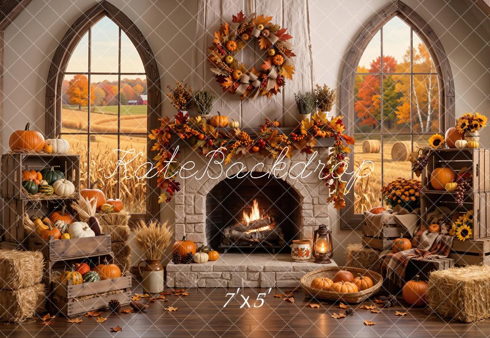 Kate Fall Stone Fireplace Pumpkins Wreath Harvest Field Window Printed Backdrop Designed by Emetselch