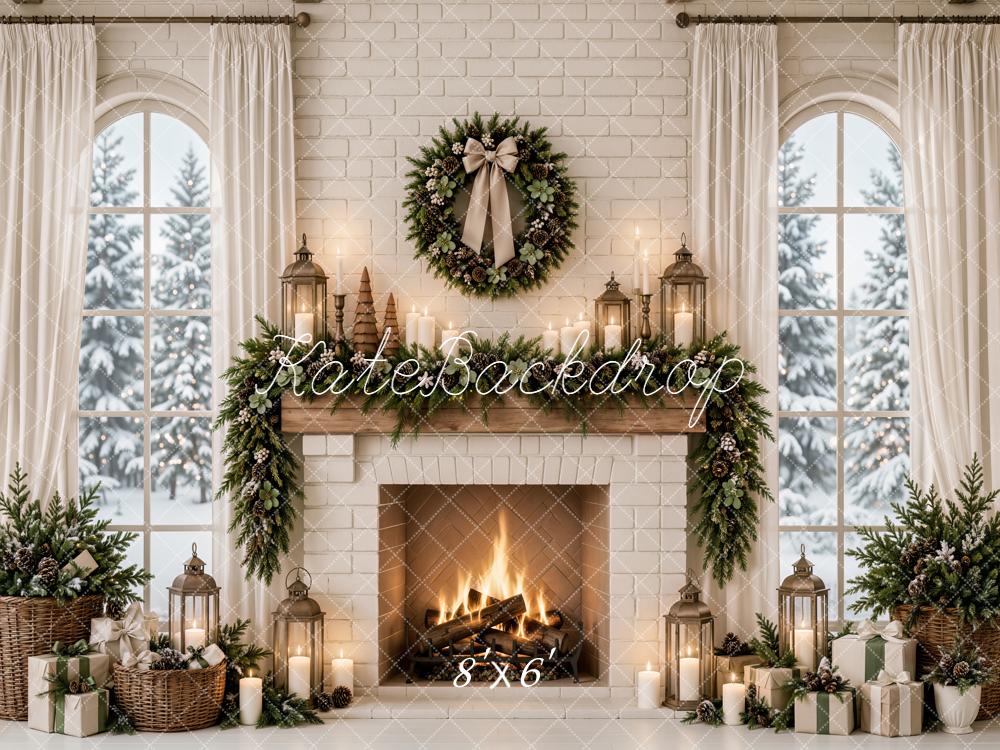 Kate Christmas White Brick Fireplace Wreath Arched Window Printed Backdrop Designed by Emetselch