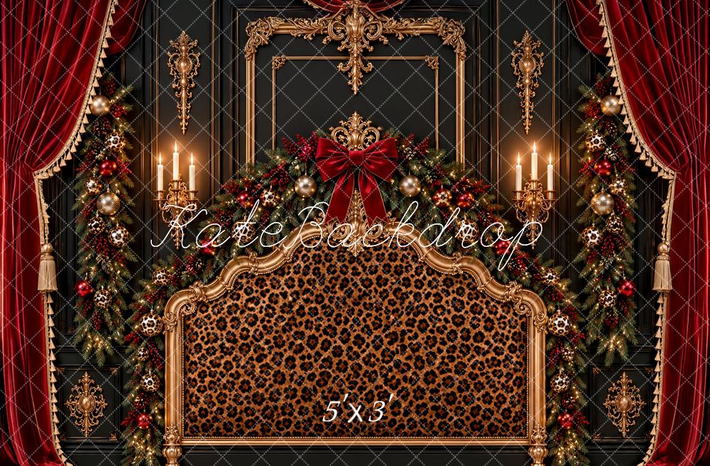 Kate Christmas Leopard Print Headboard Red Curtain Ornate Frame Printed Backdrop Designed by Ashley Paul