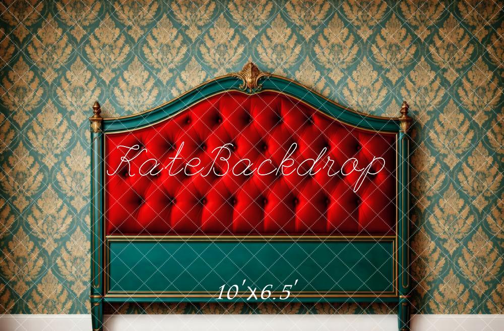 Kate Boudoir Red Headboard Gold Damask Vintage Wall Printed Backdrop Designed by Vertigo Productions