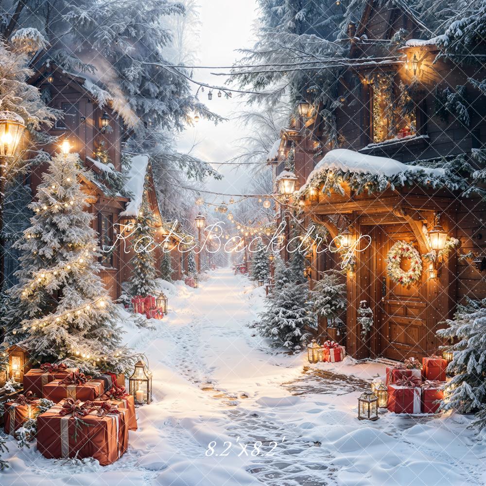 Kate Christmas Snowy Village Pine Trees Gifts Lanterns Backdrop Designed by Emetselch