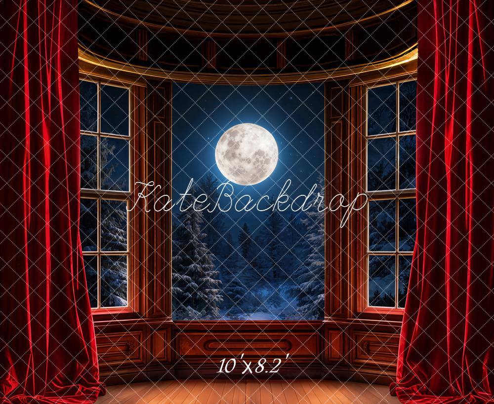 Kate Christmas Full Moon Night Window Red Curtains Snowy Trees Backdrop Designed by Emetselch