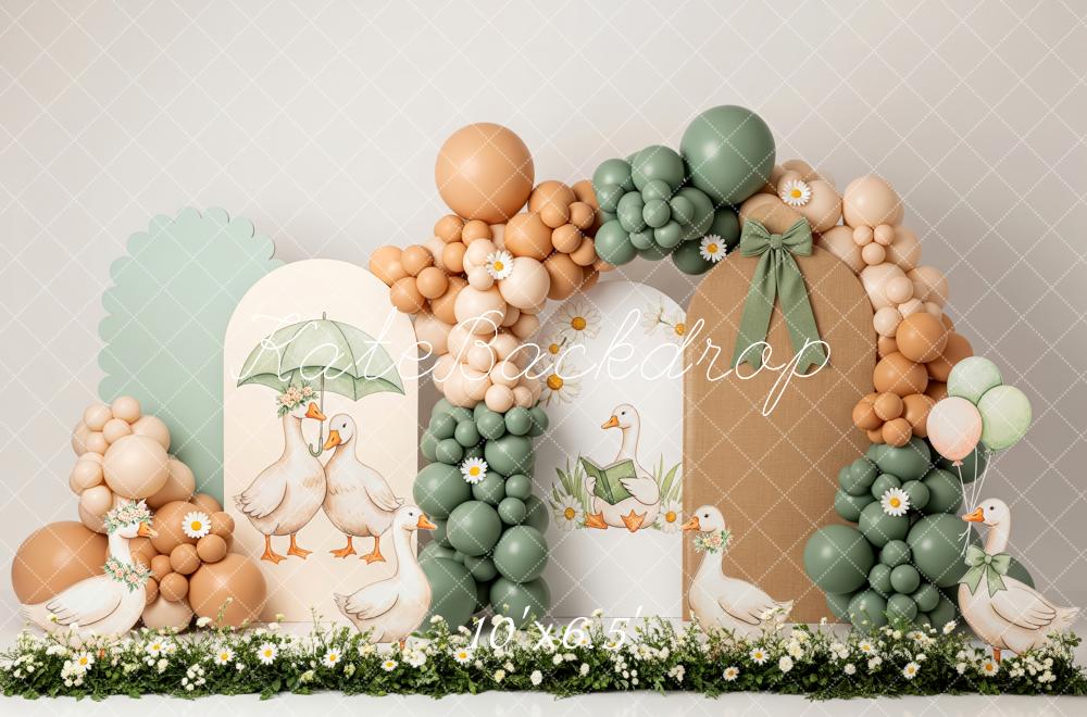Kate Cake Smash Goose Balloon Arch Daisy Flowers Printed Backdrop Designed by Patty Roberts