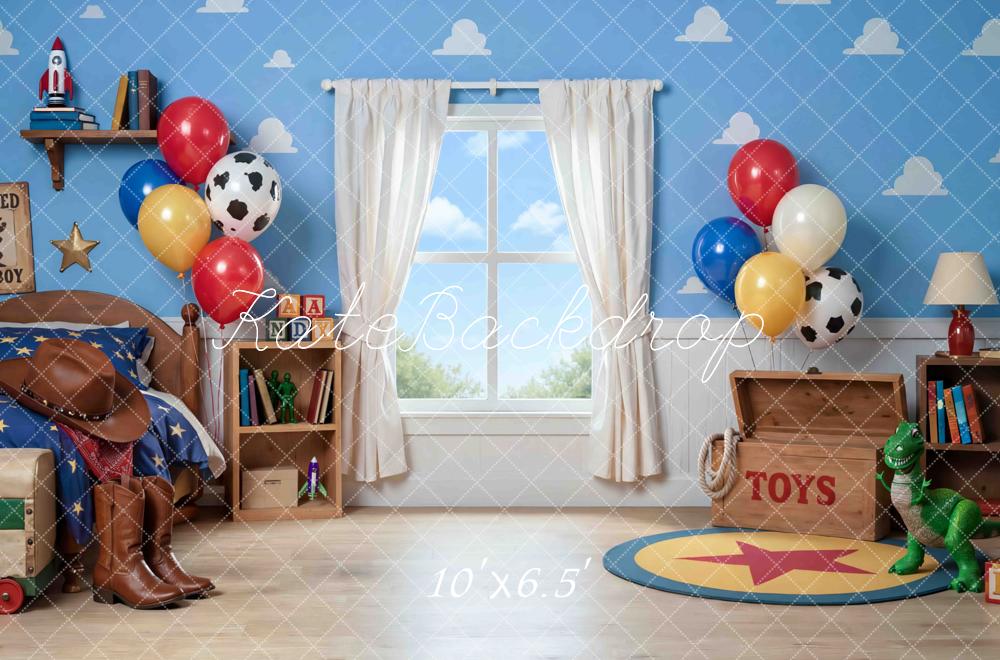 TEST Kate Cowboy Toy Bedroom Blue Cloud Wall Printed Backdrop Designed by Mini MakeBelieve