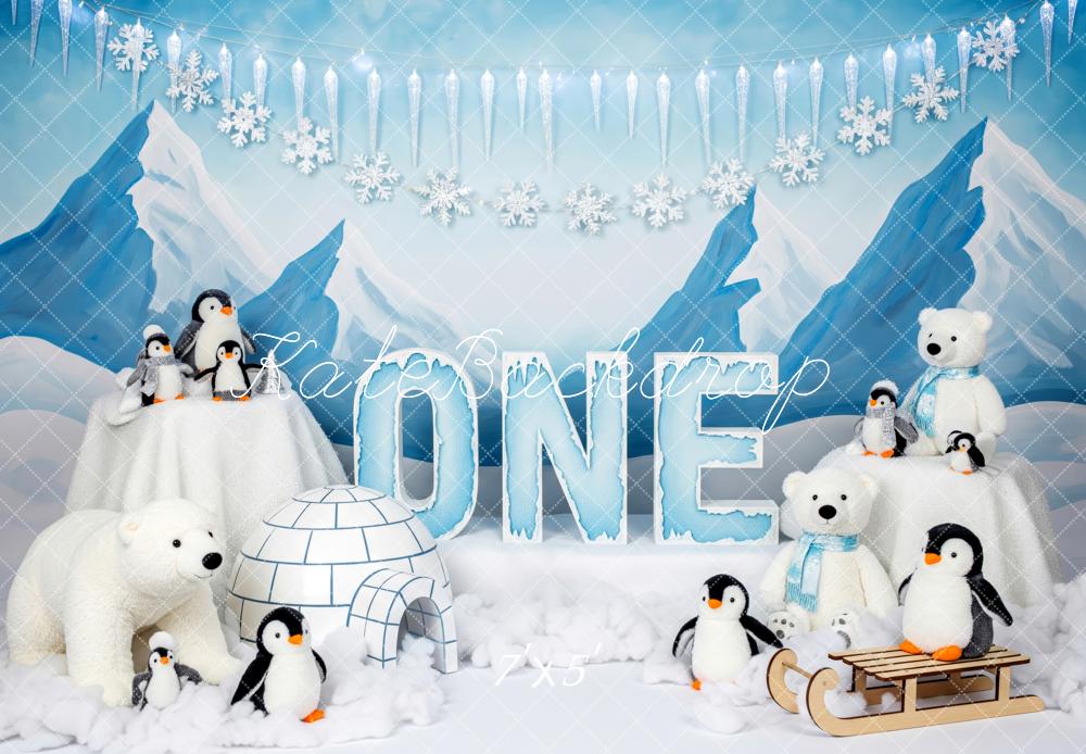 Kate First Birthday Winter Penguin Polar Bear Igloo Mountains Backdrop Designed by Patty Roberts