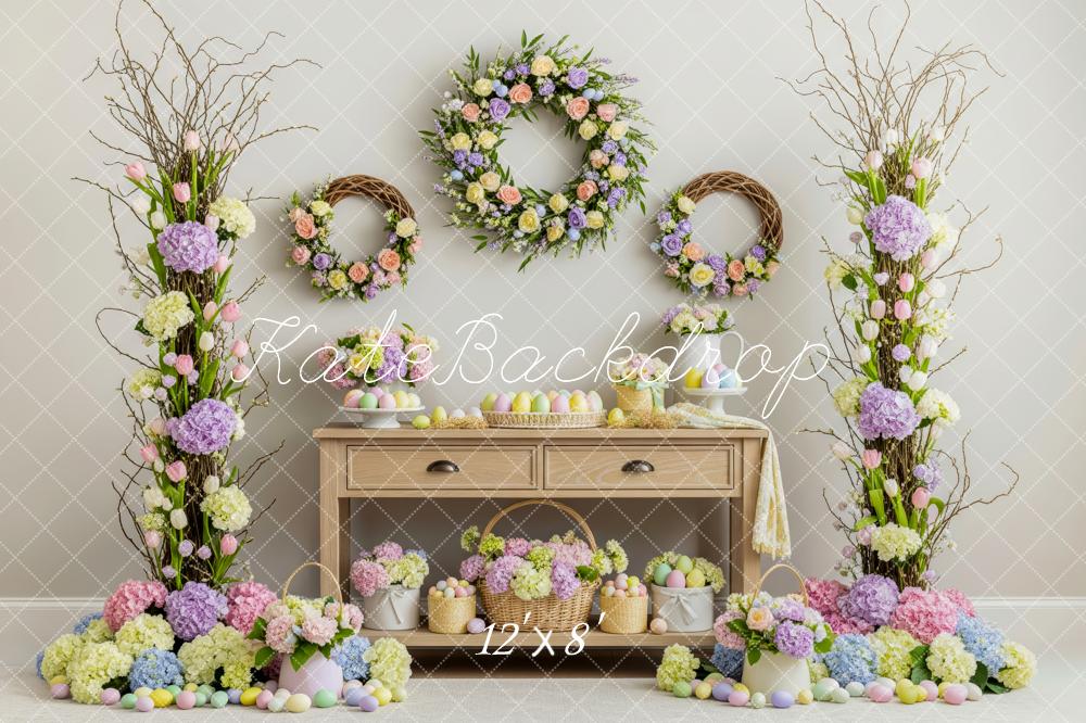 Kate Easter Flower Arch Wreath Pastel Eggs Table Printed Backdrop Designed by Patty Roberts