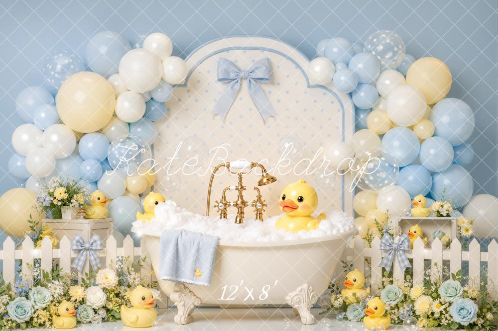 Kate Baby Shower Spring Floral Blue Balloon Bathtub Rubber Duck Printed Backdrop Designed by Emetselch