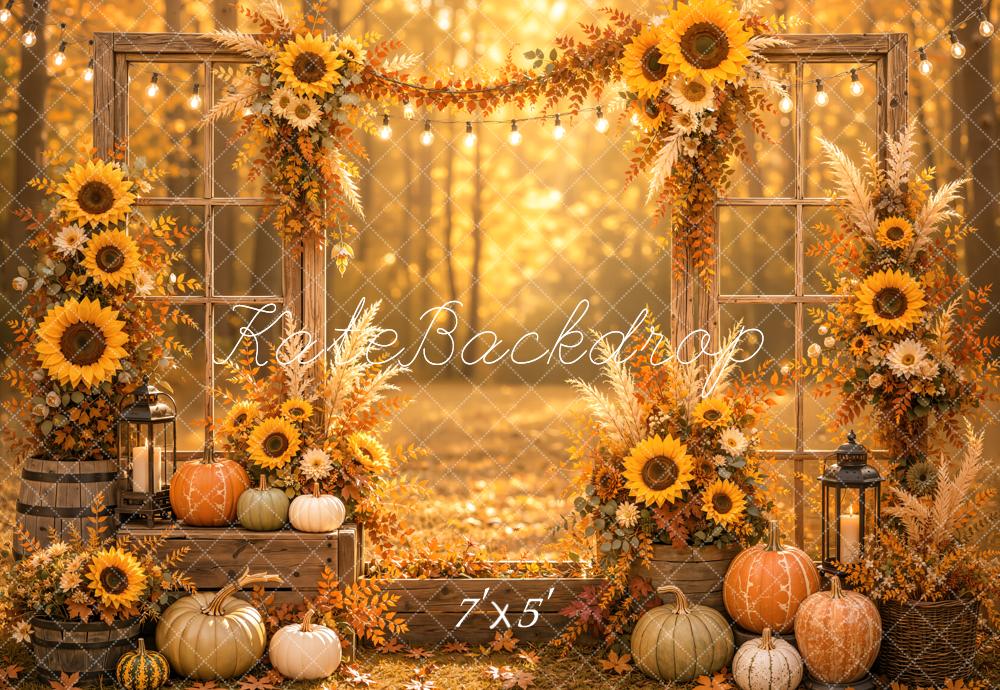 Kate Fall Forest Sunflower Pumpkins Arch Window Door Printed Backdrop Designed by Emetselch