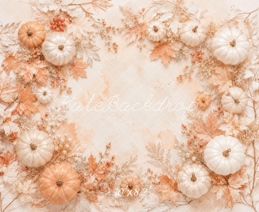 Kate Fall Pumpkins Maple Leaves Beige Printed Backdrop Designed by Megan Leigh Photography