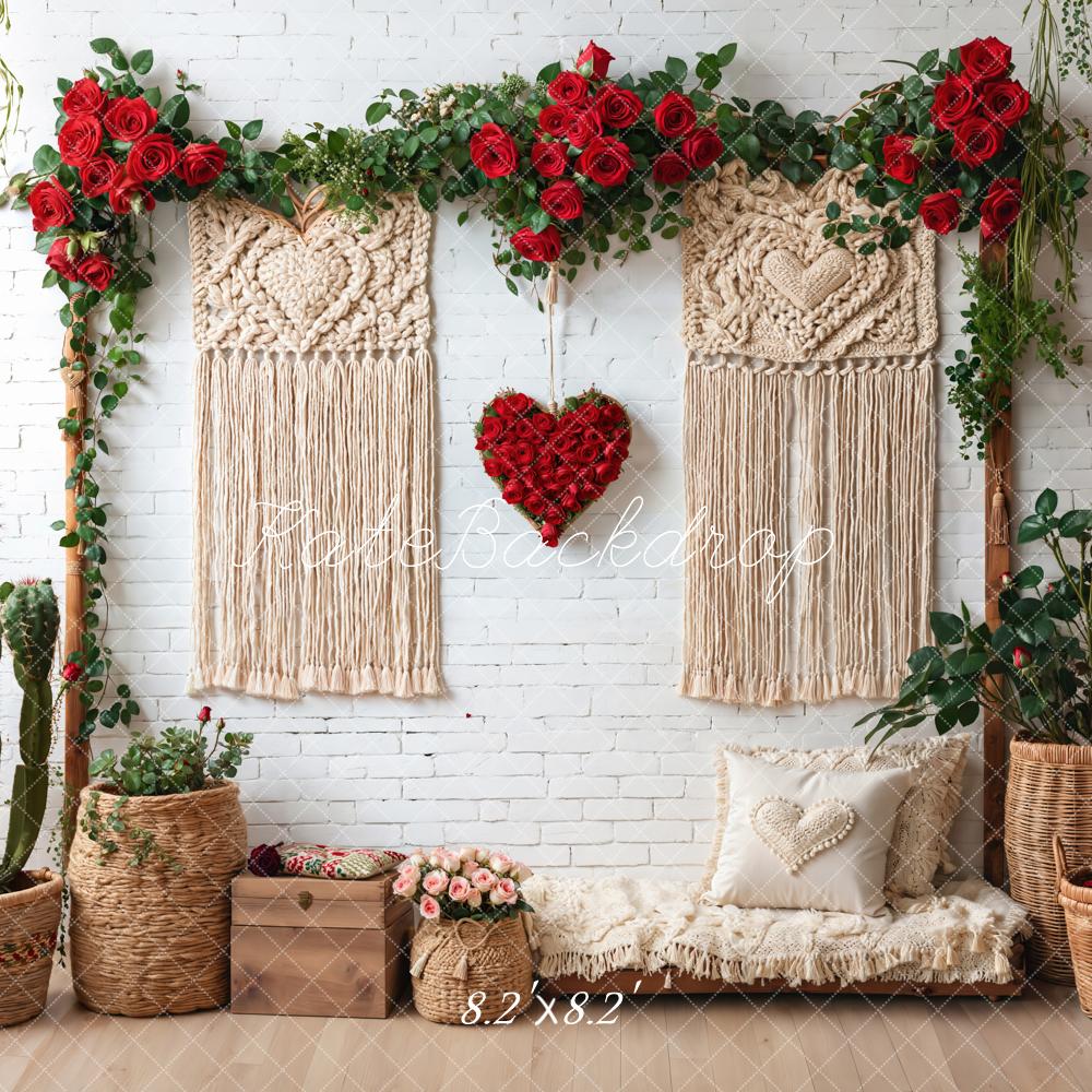 Kate Valentines Boho Macrame Heart Red Roses Greenery White Wall Backdrop Designed by Emetselch