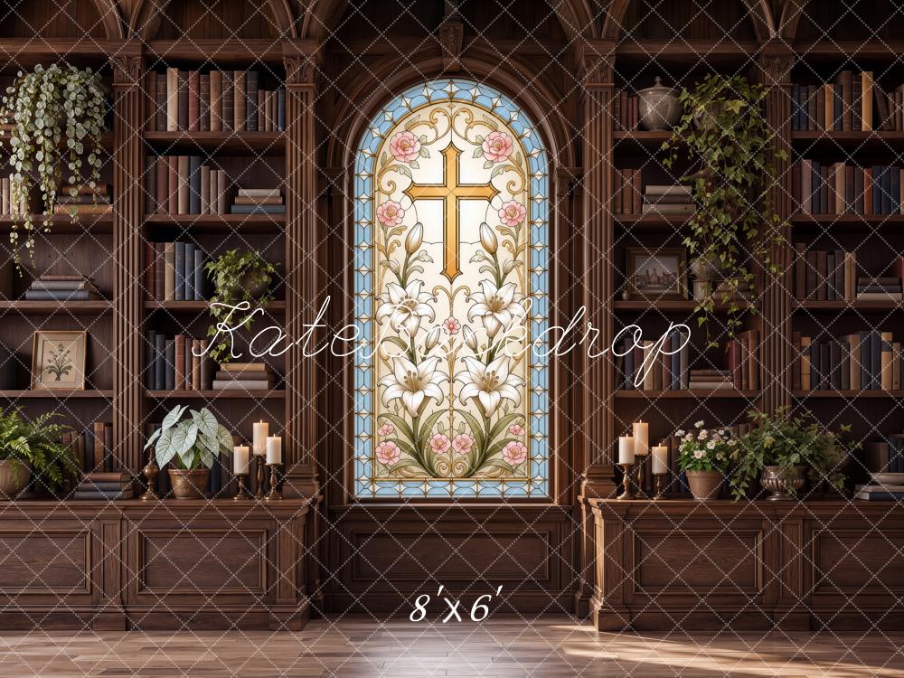 Kate Christian Ministry Stained Glass Cross Pastor Library Printed Backdrop Designed by Ashley Ward