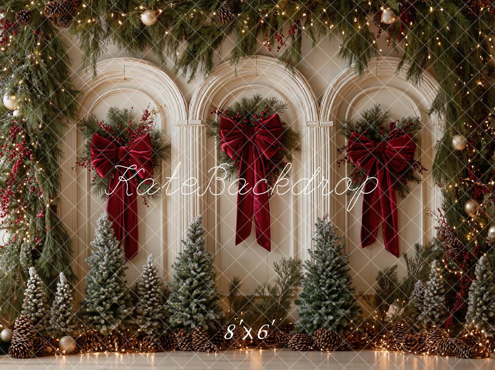 Kate Christmas Arched Wall Pine Trees Red Bows Printed Backdrop Designed by Emetselch