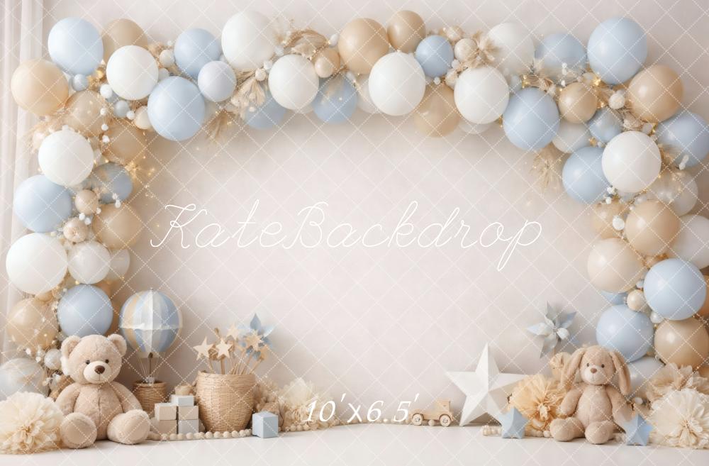 Kate Cake Smash Balloon Arch Teddy Bear Blue Beige Nursery Printed Backdrop Designed by Vertigo Productions