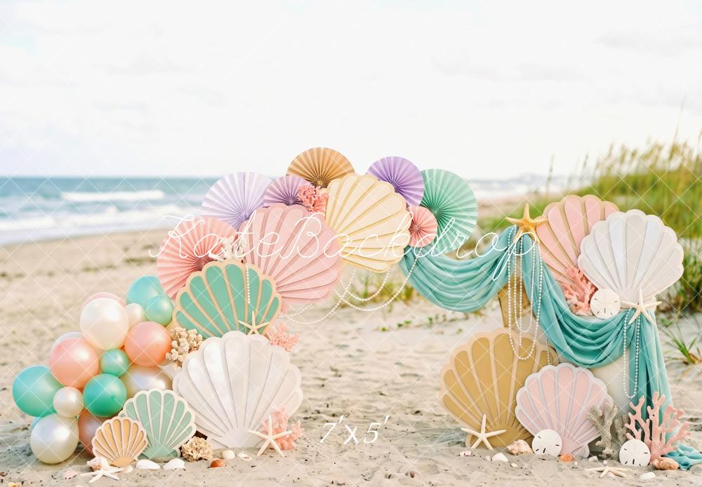 Kate Mermaid Cake Smash Seashell Coral Balloon Beach Printed Backdrop Designed by Patty Roberts